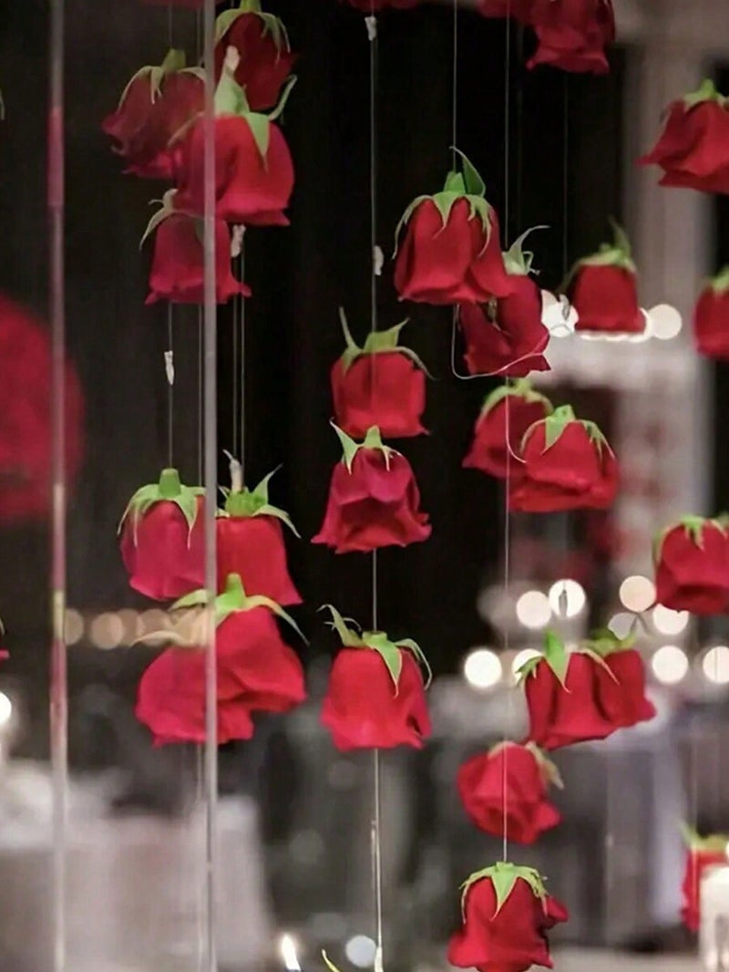 زينة ورود حمراء معلّقة مع خيط شفاف – ديكور هدايا يوم الحب (10 ورود) - Image 3